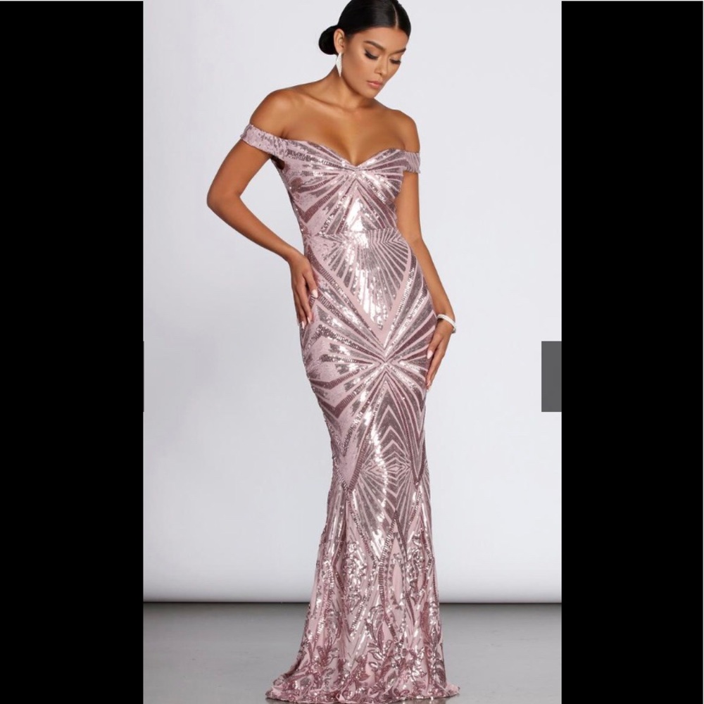 SOLD LILTH OFF SHOULDER SEQUIN EVENING GOWN